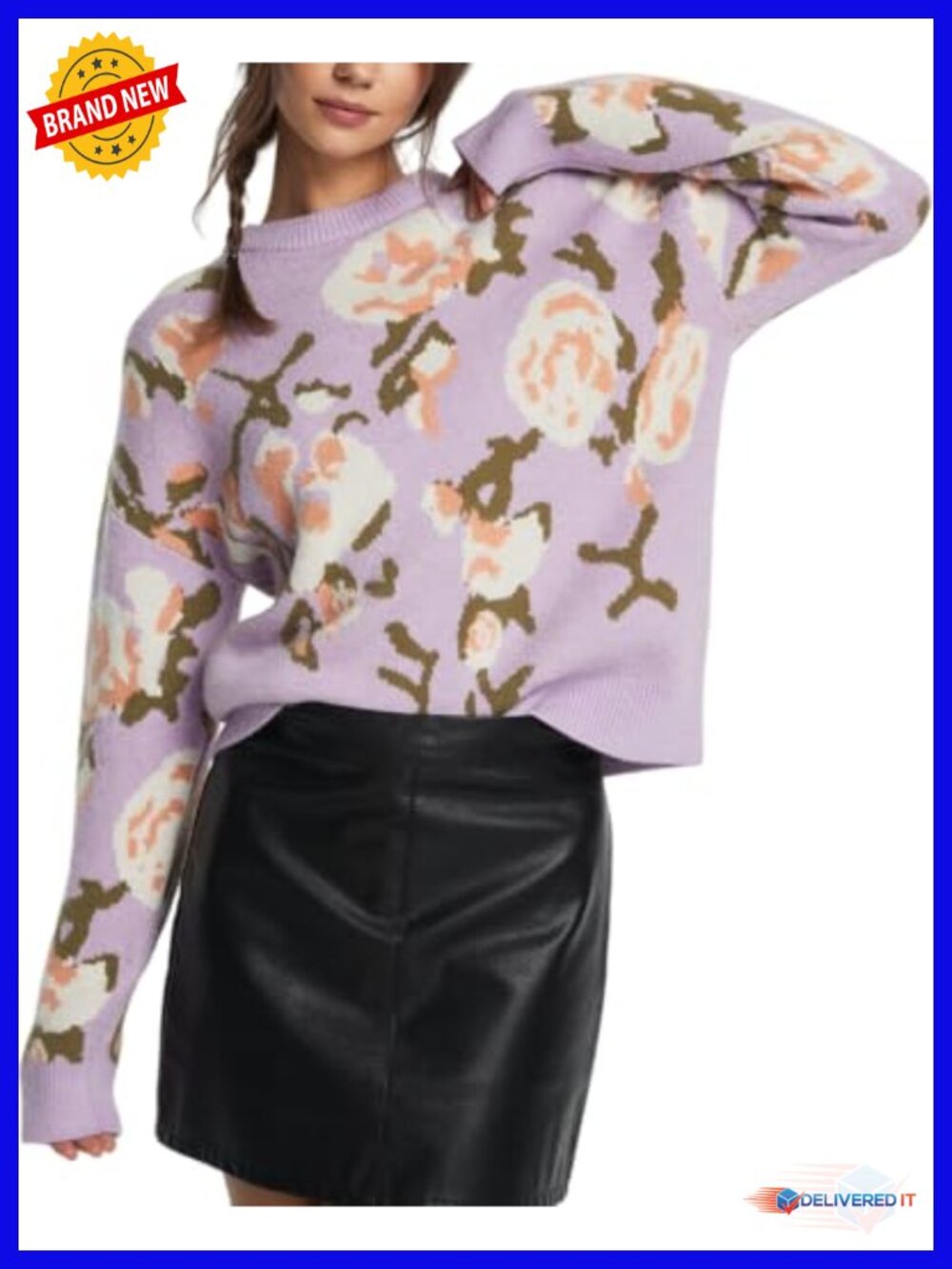 Women's Floral Crew Neck Long Sleeve Drop Shoulder Pullover Sweater Acrylic